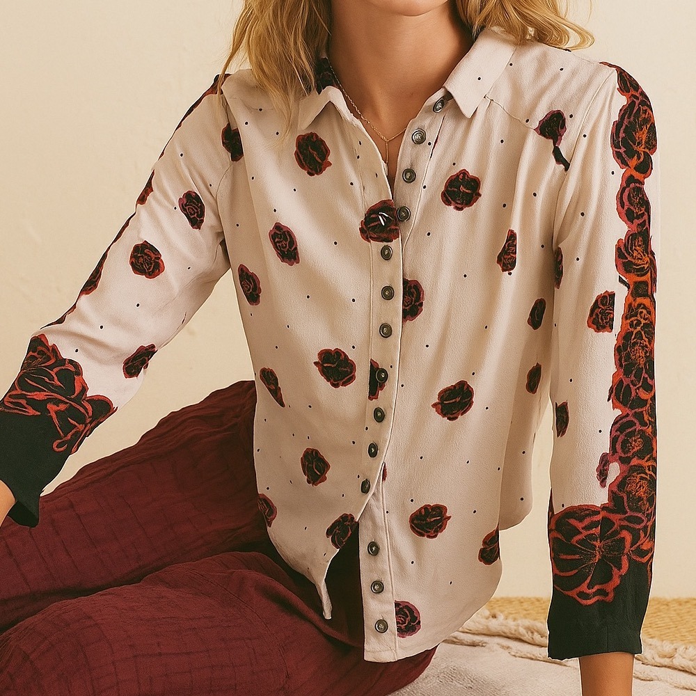 Free People Button Down Collared Shirt Poppy Print Womens Sz Small‎ Bohemian Top